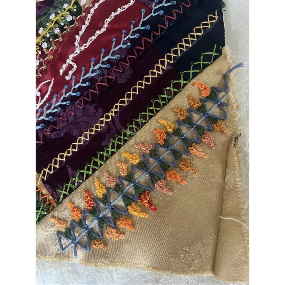 Antique Victorian Style Crazy Quilt Block 16” Silk Velvet Hand Embroidery Beaded